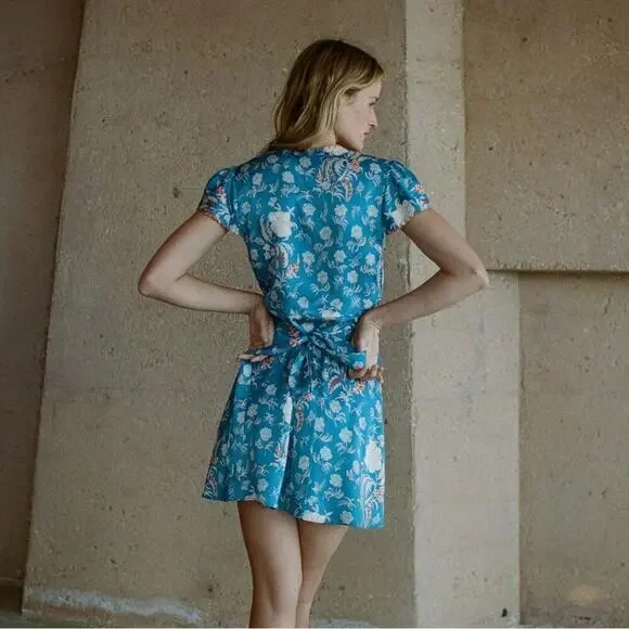 Doen Dianne Silk V Neck Puff Short Sleeve Mini Dress Blue Azure Hollyhock Hills - Picture 6 of 16